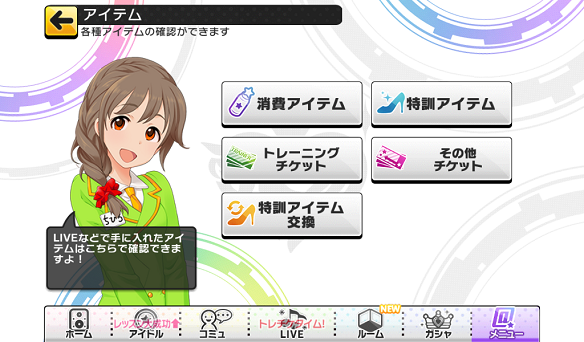 特訓アイテム交換はメニューのアイテムより選択可能