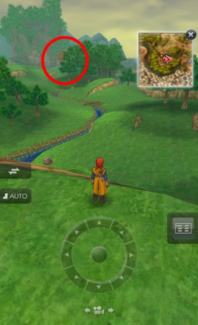dq8_12　ドラゴンクエスト8 スマホリメイク版 攻略 第二回 滝の洞窟の小屋/リーザス村/ポルトリンク/序盤の錬金釜レシピ/ドニ　赤い◯の部分に忘れ物がある。