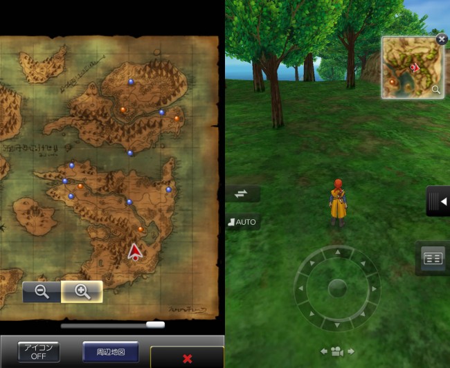 dq8_29　ドラゴンクエスト8 スマホリメイク版 攻略 第3回 マイエラ修道院/旧修道院跡地/アスカンタ城/マダムの指輪/願いの丘　左の画像の矢印の位置にパルミドがある。道のりは長く、出現する敵も強くなるのでしっかり準備してから行こう。