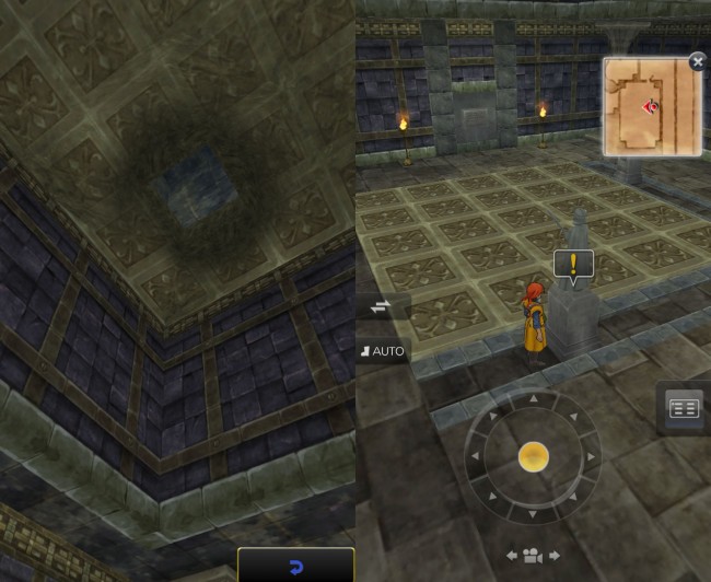 dq8_36　ドラゴンクエスト8 スマホリメイク版 攻略 第4回 パルミド/カジノ/カジノ景品を錬金/闇商人/ゲルダのアジト/剣士像の洞窟/魔法船　スマホの画面を長押しして主人公視点に切り替え、天井に空いた穴を確認しよう。