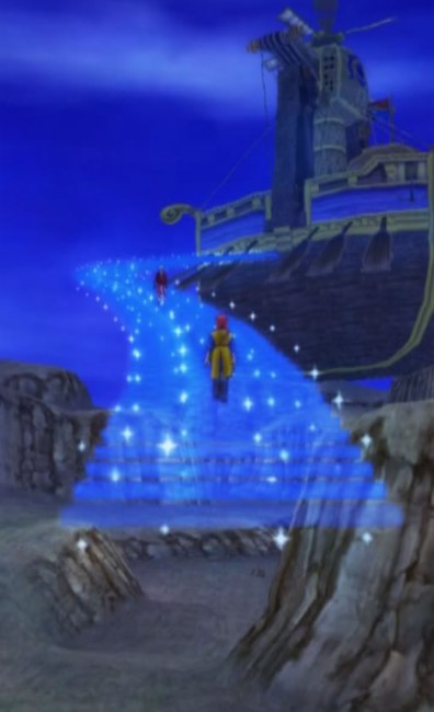 dq8_45　ドラゴンクエスト8 スマホリメイク版 攻略 第5回 トロデーン城/月影のハープを獲得/モグラのアジト/メダル王女の城/ベルガラック/モンスターバトルロード　魔法船の復活。幻想的なムービーも挿入される。