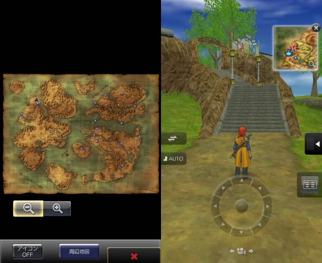 dq8_47　ドラゴンクエスト8 スマホリメイク版 攻略 第5回 トロデーン城/月影のハープを獲得/モグラのアジト/メダル王女の城/ベルガラック/モンスターバトルロード　左側の地図画像の矢印の位置に教会がある。そこから西へ進むとベルガラック。