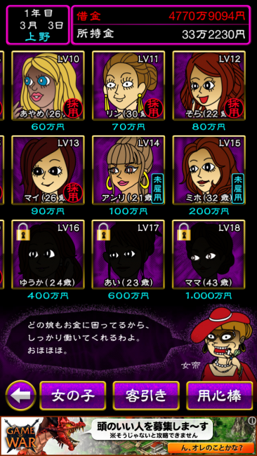 雇用できるキャストの数も増え