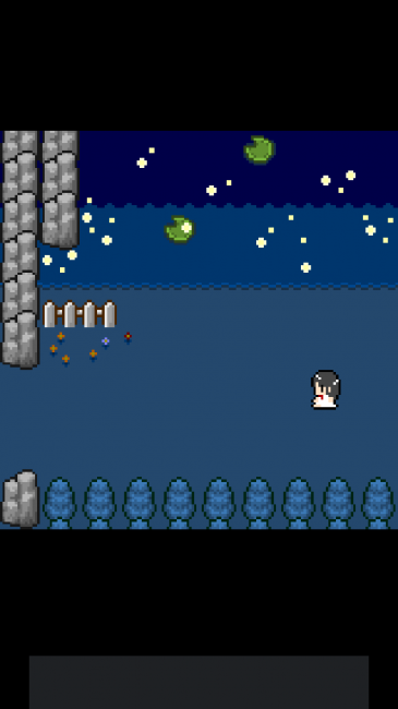 回想シーン。湖と蛍が宇宙のようで美しい。ドット絵故の演出だ。
