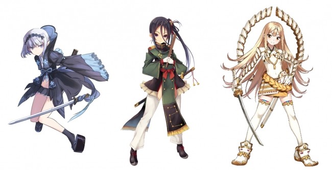 （左）巫剣「小烏丸」（イラストレーター：島田フミカネ）、（中）巫剣「七星剣」（イラストレーター：深井涼介）、（右）巫剣「大典太光世」（イラストレーター：saitom） 