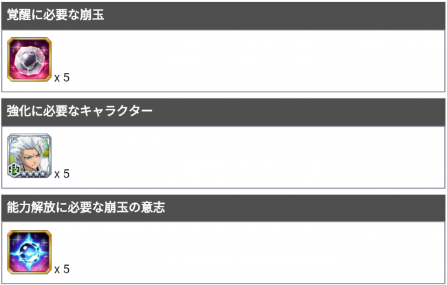 日番谷冬獅郎の強化に必要なアイテム